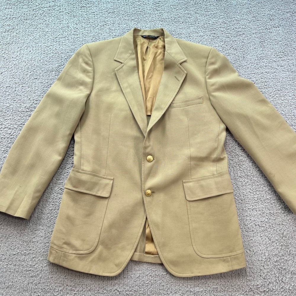 Vintage John Alexander Tan Hopsack Blazer Gold Crest Buttons Made in USA 38R